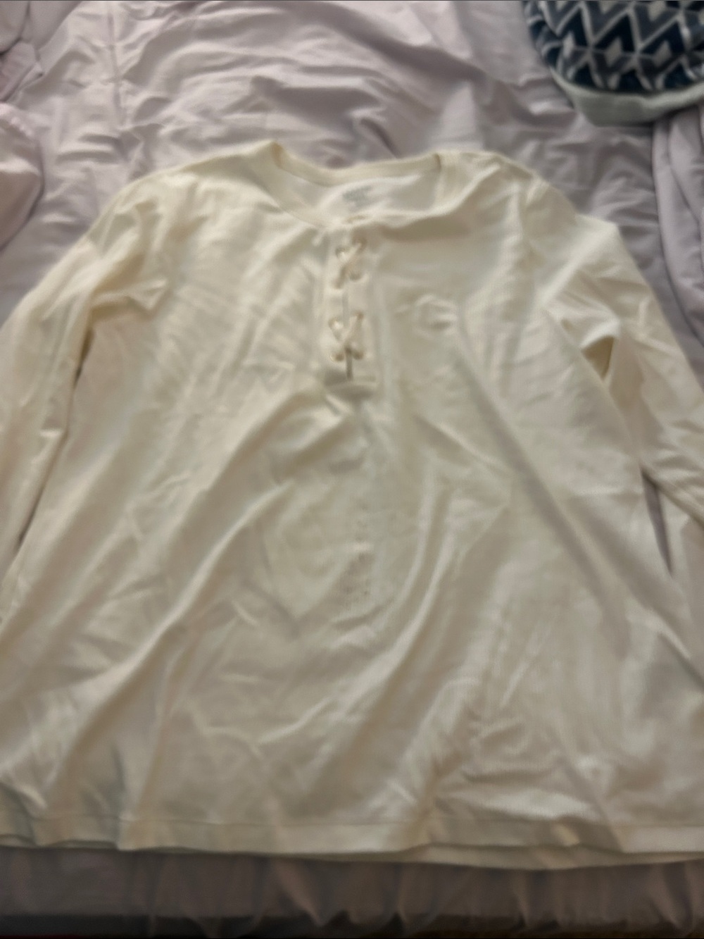 Lands' End Cream Ribbed Henley Top with Gold Eyelets